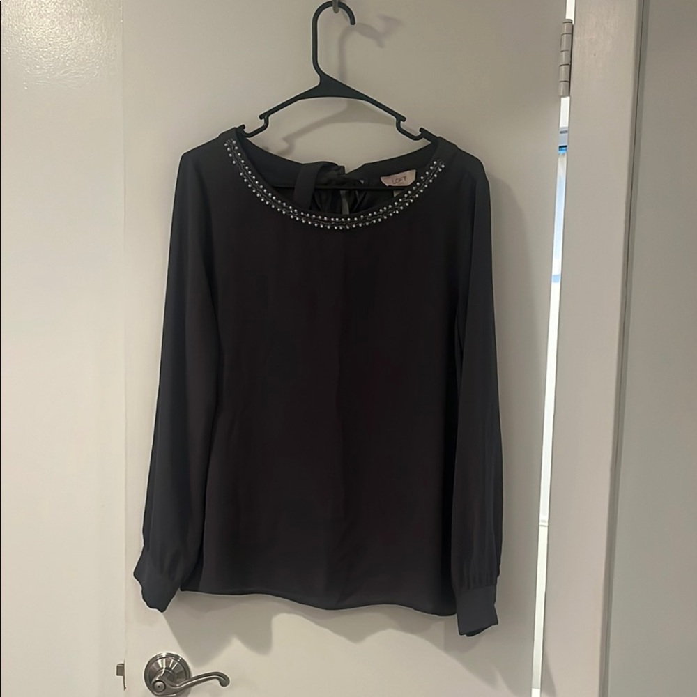 LOFT Grey Embellished Long Sleeve Blouse